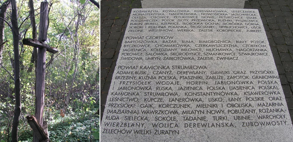 Z lewej krzyż stojący w miejscu dawnej wsi Puźniki, z prawej tablica upamiętniająca zamordowanych m.in. w tej miejscowości Z lewej krzyż stojący w miejscu dawnej wsi Puźniki, z prawej tablica upamiętniająca zamordowanych m.in. w tej miejscowości