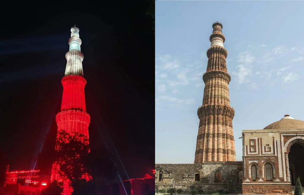 Minaret w Delhi Kutb Minar został oświetlony na biało-czerwony Minaret w Delhi Kutb Minar został oświetlony na biało-czerwony