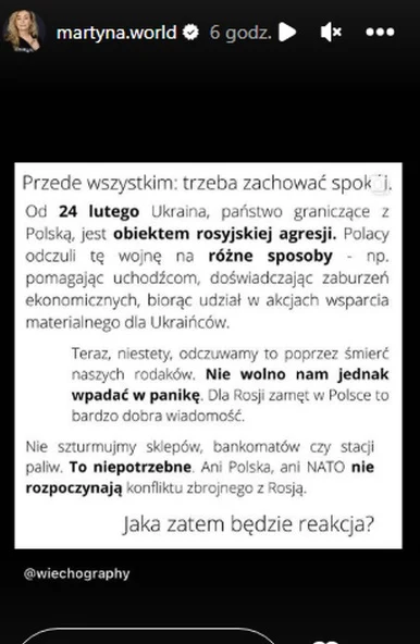 Plansza udostępniona przez Martynę Wojciechowską na Instastories. 