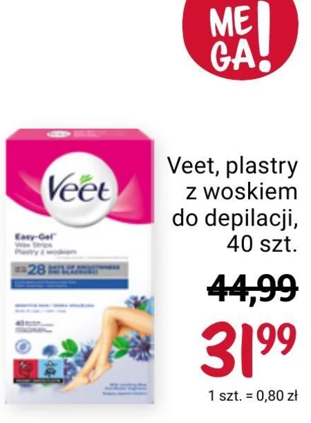 Veet Easy-Gel Plastry z woskiem skóra wrażliwa 16 sztuk i 3 chusteczki