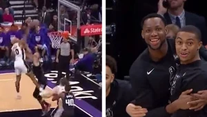 Jeremy Sochan w efektownej akcji, obok reakcja kolegów z zespołu