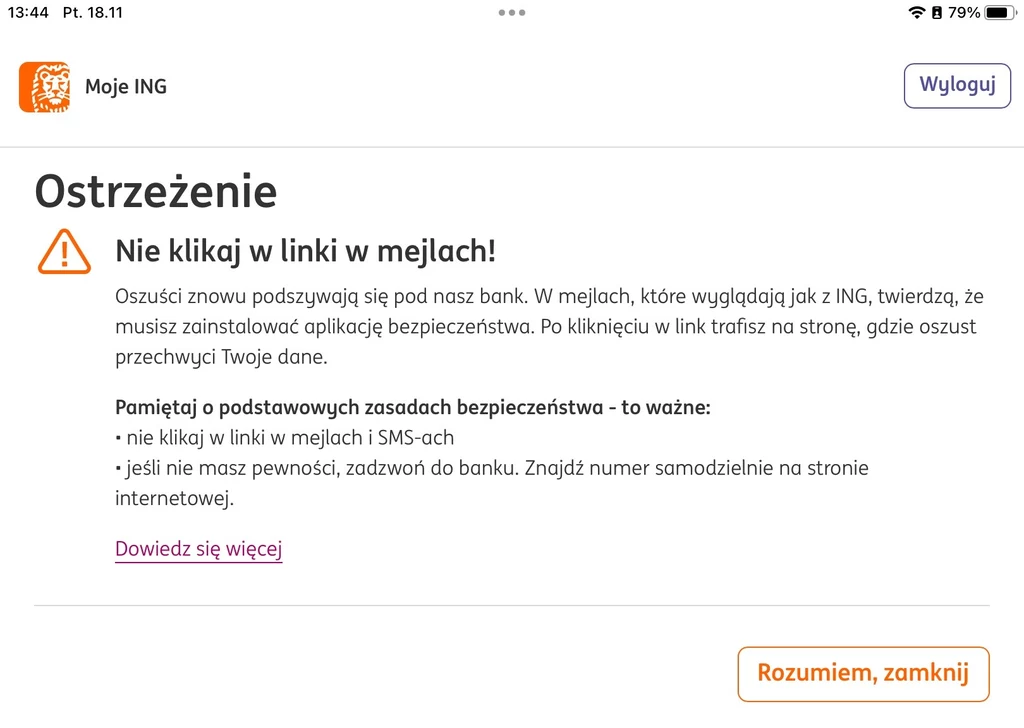 Ostrzeżenie wyświetla się po zalogowaniu na konto w aplikacji