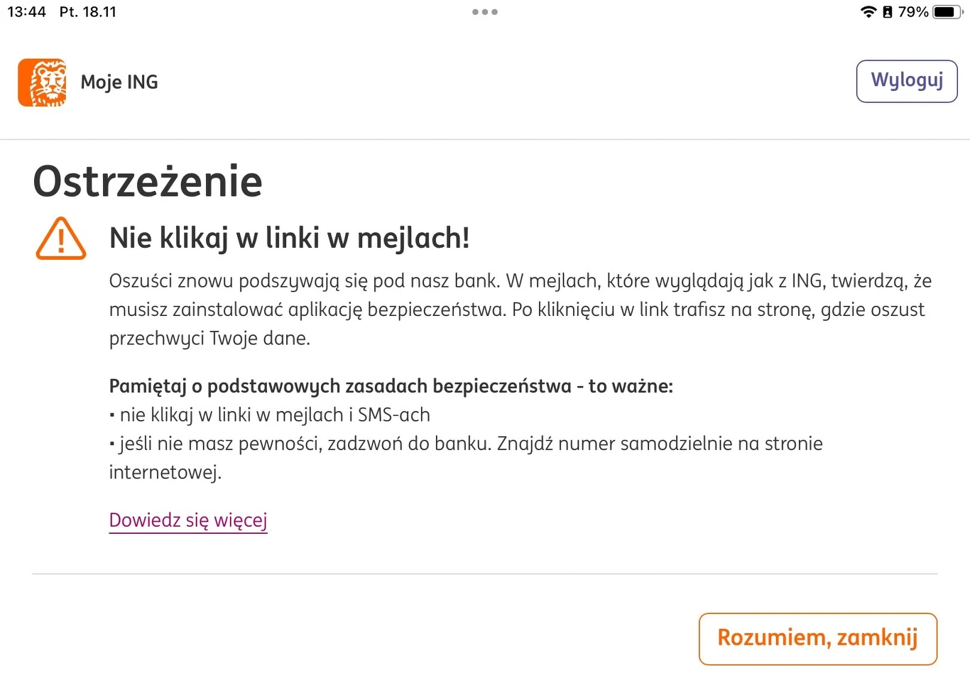 Ostrzeżenie wyświetla się po zalogowaniu na konto w aplikacji Ostrzeżenie wyświetla się po zalogowaniu na konto w aplikacji