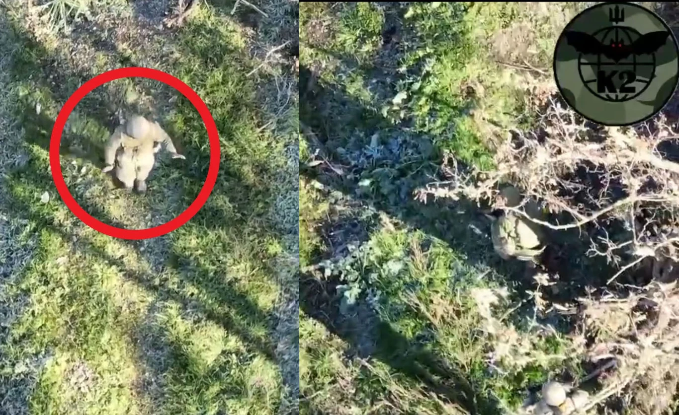 Rosyjski żołnierz poddający się dronowi i prowadzony przez niego w ręce sił ukraińskich Rosyjski żołnierz poddający się dronowi i prowadzony przez niego w ręce sił ukraińskich