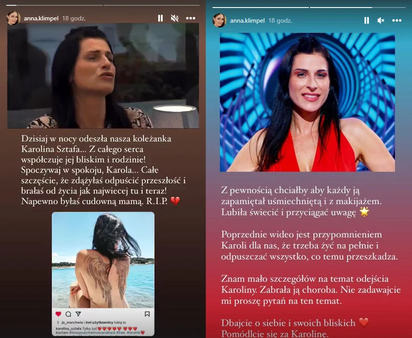 Anna Klimpel żegna Karolinę Sztafę /Instagram/@anna.klimpel Anna Klimpel żegna Karolinę Sztafę /Instagram/@anna.klimpel
