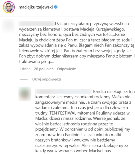 Siostra Macieja Kurzajewskiego napisała odpowiedź do jednego z komentarzy