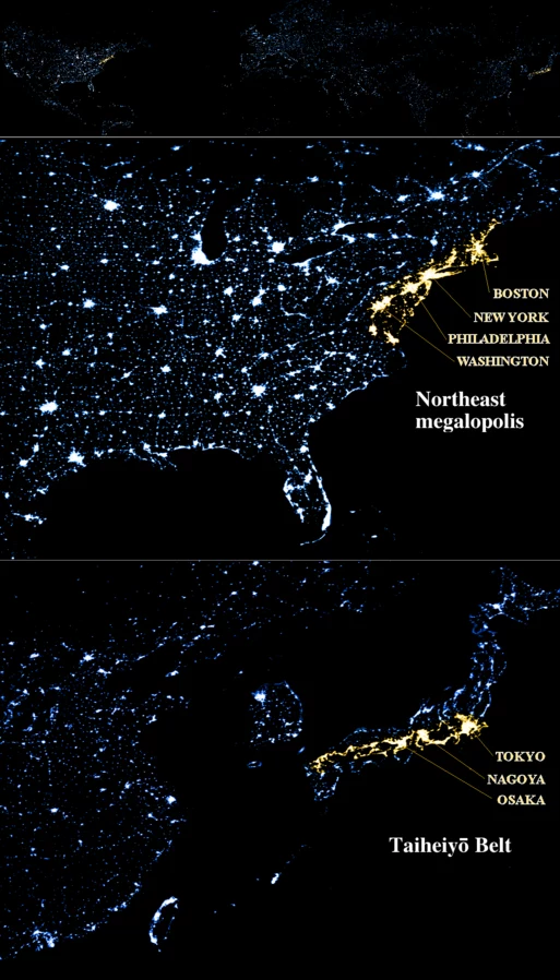 Megalopolis w Stanach Zjednoczonych (powyżej) i Japonii (ponizej).