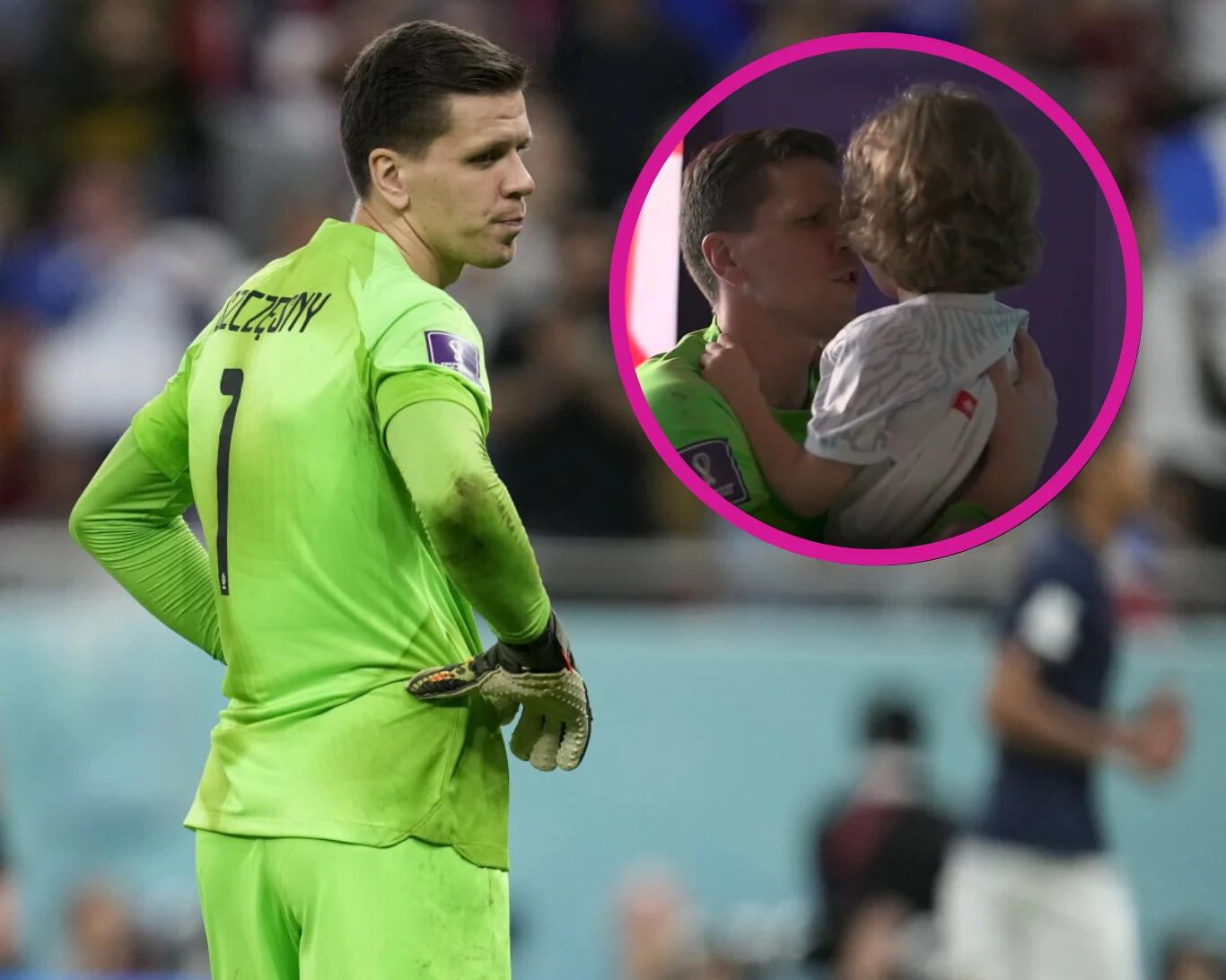 Wojciech Szczęsny pociesza synka Liama po przegranym meczu z Francją Wojciech Szczęsny pociesza synka Liama po przegranym meczu z Francją