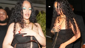 Rihanna próbuje okiełznać niesforny biust, który wprost wylewa jej się z sukienki