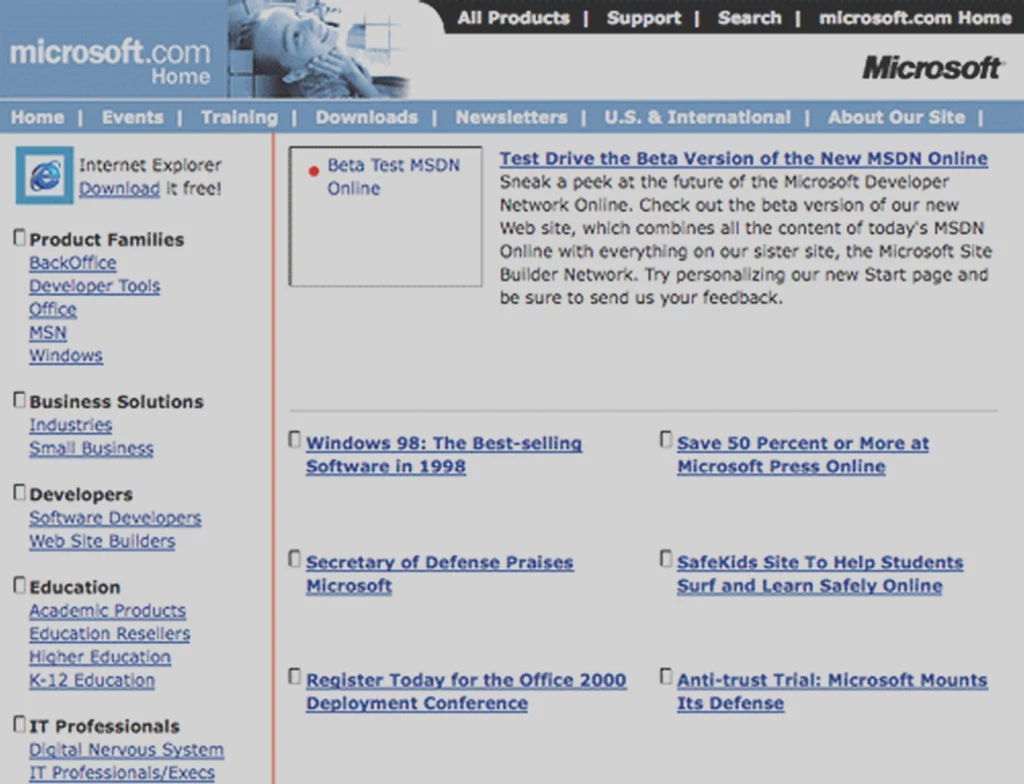 Witryna główna Microsoftu w 1998 roku