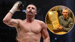 Na dużym zdjęciu WItalij Kliczko po zwycięstwie nad Tomaszem Adamkiem. Miniatura przedstawia podpisaną rękawicę