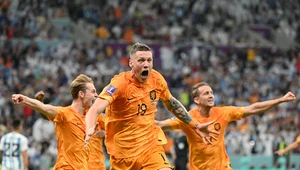 MŚ Katar 2022. Wout Weghorst wraz z kolegami z reprezentacji Holandii celebruje bramkę wyrównującą po niesamowitym rzucie wolnym