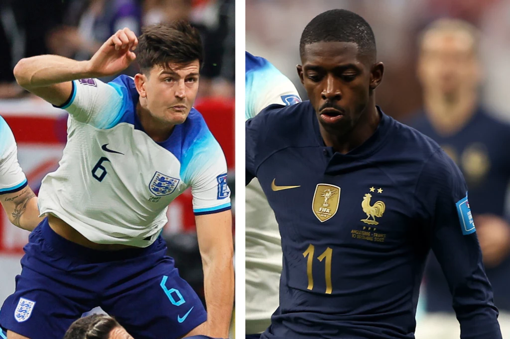 Katar 2022: Anglia - Francja. Na zdjęciu Harry Maguire oraz Ousmane Dembele Katar 2022: Anglia - Francja. Na zdjęciu Harry Maguire oraz Ousmane Dembele