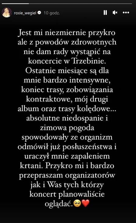 Roxie Węgiel przez problemy zdrowotne musiała odwołać występ