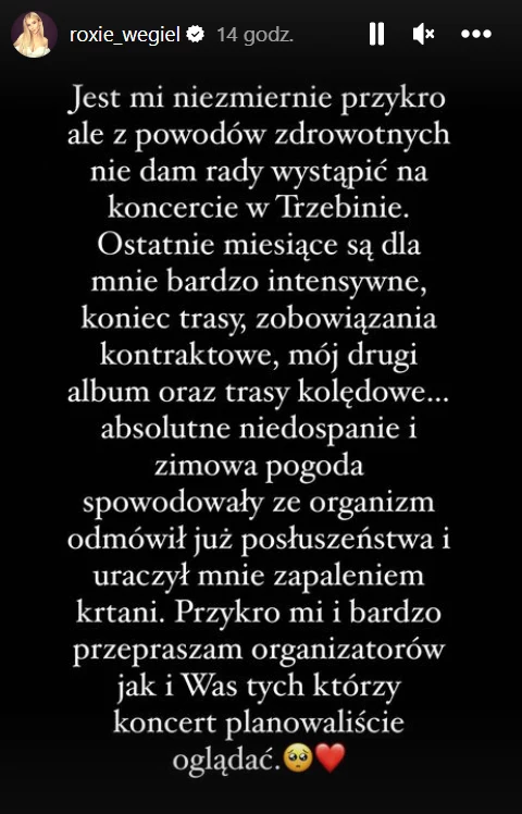 Roxie Węgiel odwołuje koncert z powodu zapalenia krtani