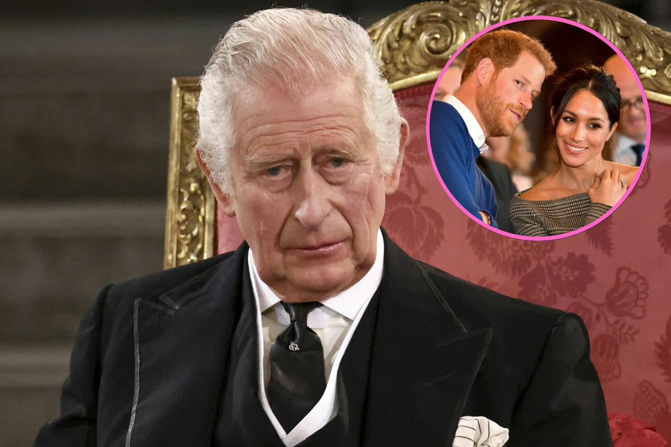 Król Karol III, książe Harry i Meghan Markle Król Karol III, książe Harry i Meghan Markle