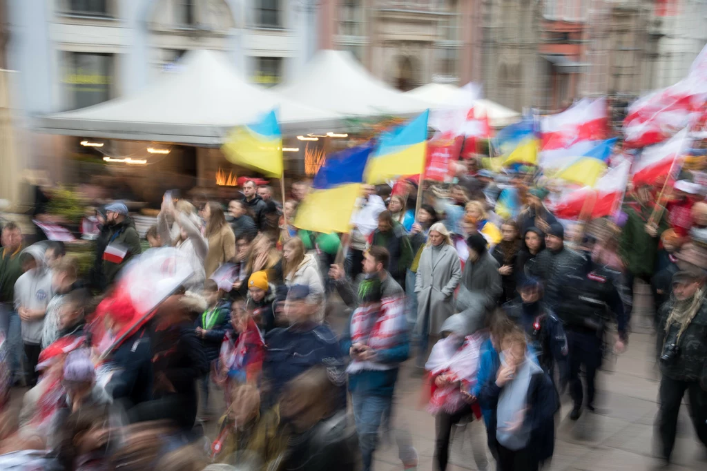 Ukraińskie i polskie flagi podczas Dnia Niepodległości w Gdańsku. Zdj. ilustracyjne Ukraińskie i polskie flagi podczas Dnia Niepodległości w Gdańsku. Zdj. ilustracyjne
