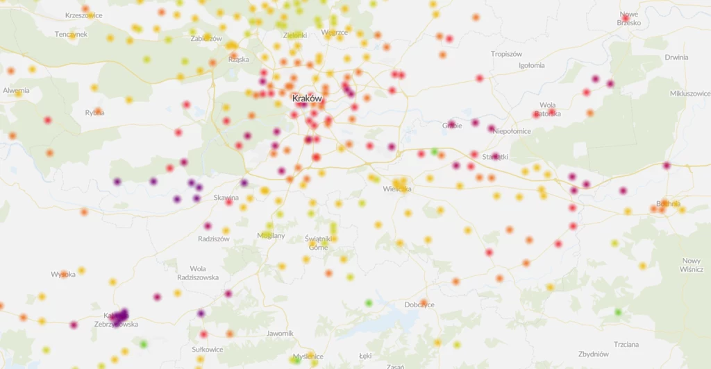 Na fioletowo oznaczone są najbardziej zanieczyszczone miejsca