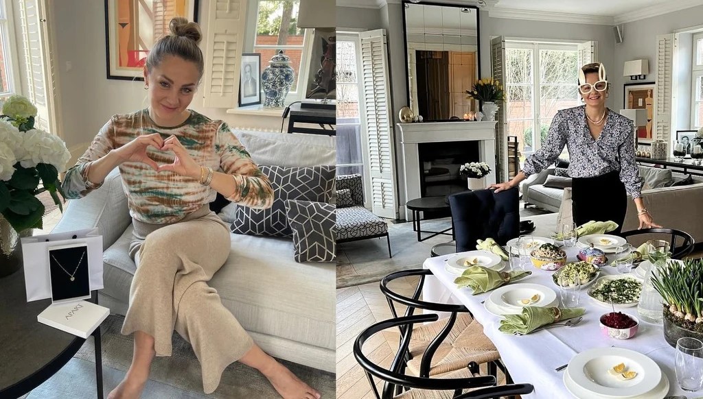 W salonie znanej aktorki nie brakuje gustownych dodatków i wielkiego kominka. 