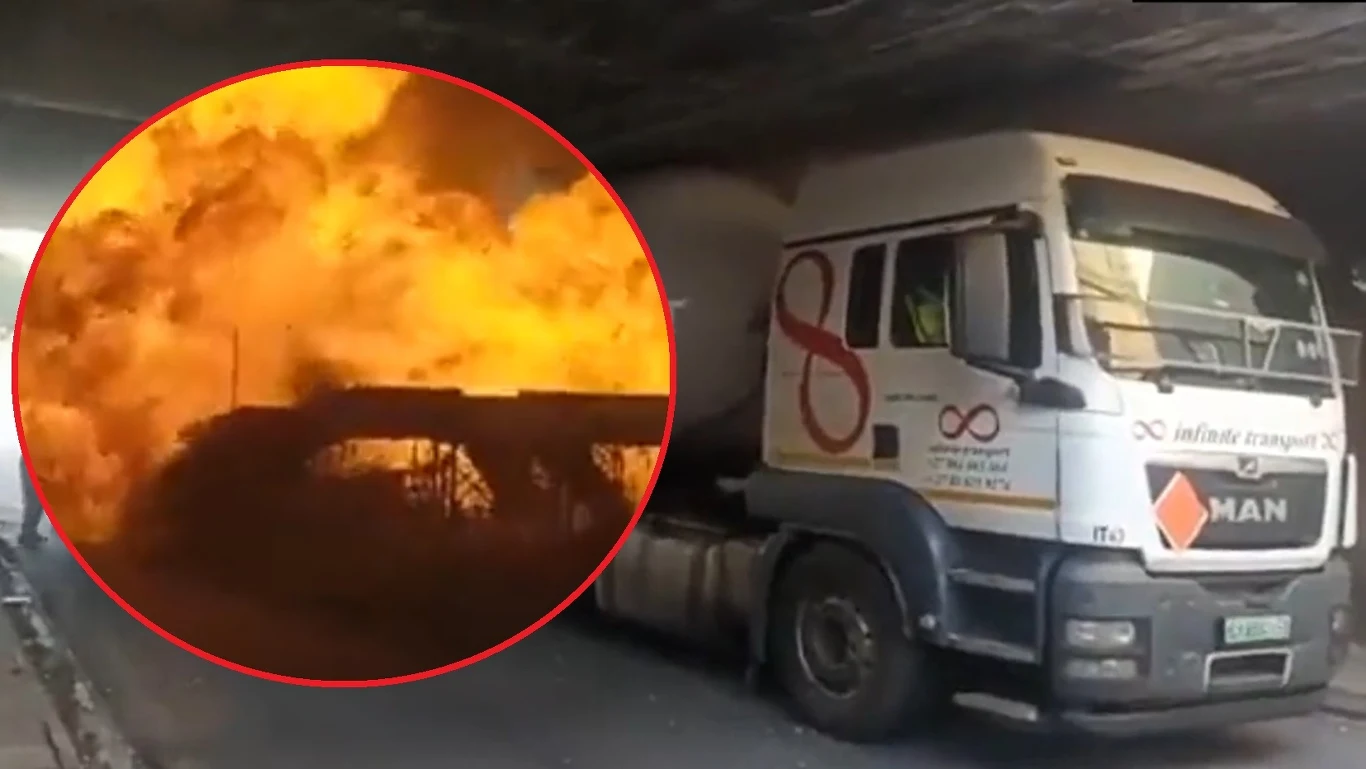 Cysterna utknęła pod wiaduktem i doszło do rozszczelnienia Cysterna utknęła pod wiaduktem i doszło do rozszczelnienia