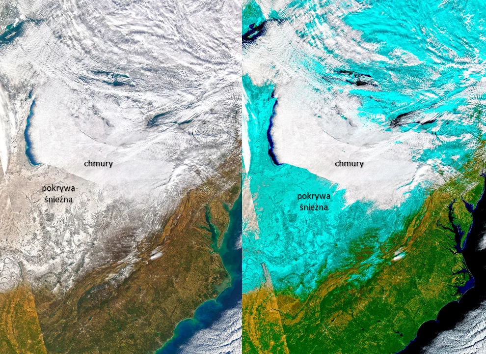 Pokrywa chmur i śniegu w Ameryce Północnej. Po lewej stronie widok naturalny, po prawej nałożony filtr