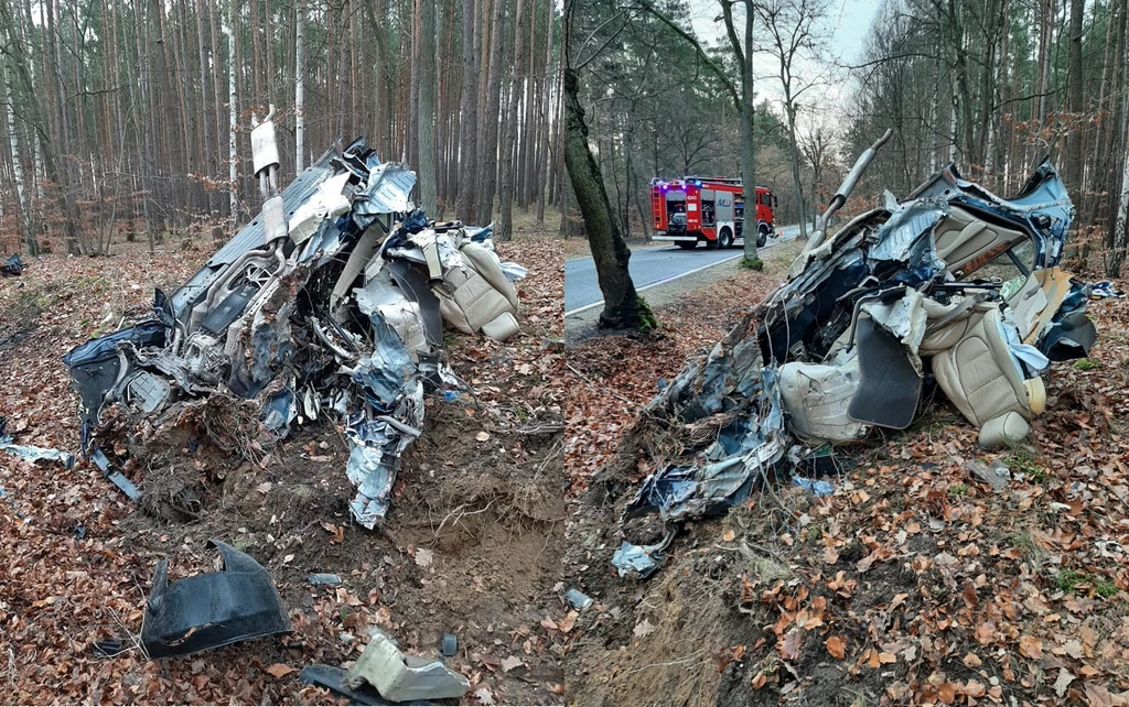 Wrak samochodu na dwóch zdjęciach  / Fot: Straż Pożarna w Świebodzinie