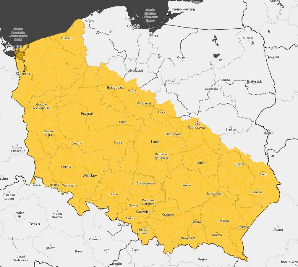 Obszar objęty alertami pierwszego stopnia w związku z silnym wiatrem Obszar objęty alertami pierwszego stopnia w związku z silnym wiatrem