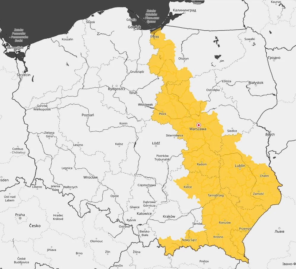 Obszar objęty alertami pierwszego stopnia w związku z marznącymi opadami Obszar objęty alertami pierwszego stopnia w związku z marznącymi opadami