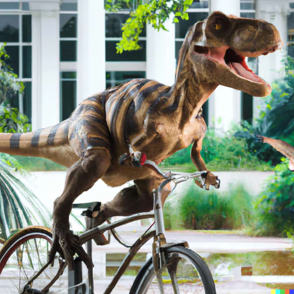 Dzięki generatorom obrazów AI możemy zobaczyć dosłownie wszystko jak np. bezzępnego tyranozaura jeżdżącego na rowerze na planie Parku Jurajskiego Dzięki generatorom obrazów AI możemy zobaczyć dosłownie wszystko jak np. bezzępnego tyranozaura jeżdżącego na rowerze na planie Parku Jurajskiego