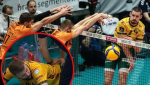 Jastrzębianie i zawiercianie stoczyli wyrównany bój. Meczu nie dokończył Uros Kovacević (w kółku)