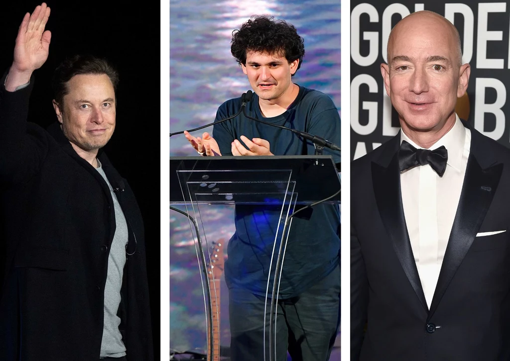 Po lewej: Elon Musk. Na środku: Sam Bankman-Fried. Po prawej: Jeff Bezos. Źródło: AFP