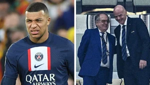 Reprezentant Francji Kylian Mbappe, prezes francuskiej federacji Noel Le Graet oraz prezydent FIFA Gianni Infantino