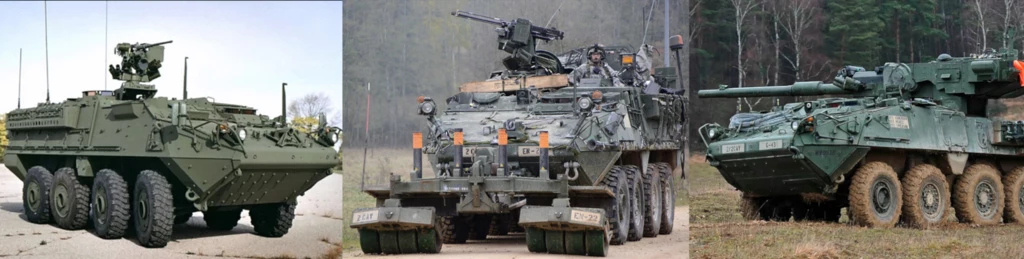 Na podstawie pierwszej wersji wozu Stryker M1126 wprowadzonego w 2002 roku powstało mnówstwo specjalistycznych pojazdów m.in. wóz do pracy inżynieryjnych M1132 (po środku) czy M1128 z działem 105 milimetrów, pełniący funkcję wręcz lekkiego czołgu 