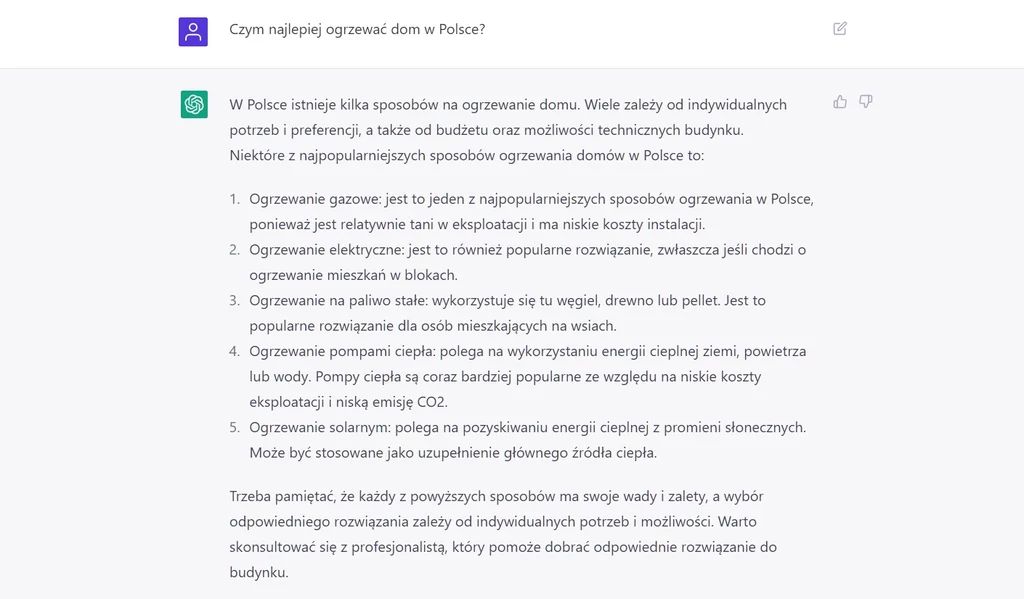 Oto pełna odpowiedź ChatGPT na pytanie "Czym najlepiej ogrzewać mieszkanie w Polsce?"