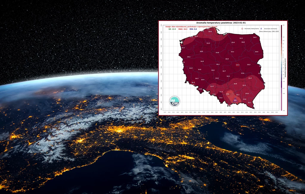 Pogoda w styczniu zaskoczyła niemal dziewiętnastoma stopniami Celsjusza w Warszawie (zdjęcie w tle: planeta Ziemia, małe zdjęcie: mapa IMGW-PIB - anomalia 1 stycznia 2023) Pogoda w styczniu zaskoczyła niemal dziewiętnastoma stopniami Celsjusza w Warszawie (zdjęcie w tle: planeta Ziemia, małe zdjęcie: mapa IMGW-PIB - anomalia 1 stycznia 2023)