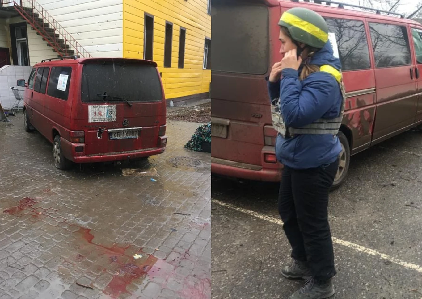 Po lewej miejsce, gdzie doszło do wypadku, po prawej Grażyna w hełmie i kamizelce