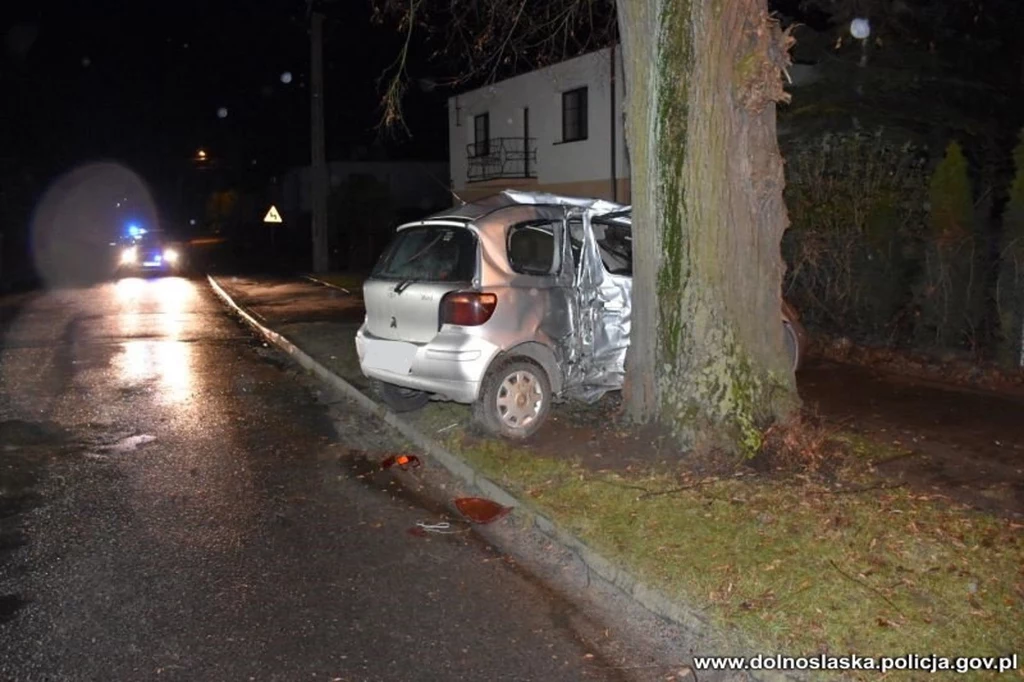 Toyota Yaris wypadła z drogi i rozbiła się o drzewo. Siedząca obok kierowcy 20-latka zginęła na miejscu