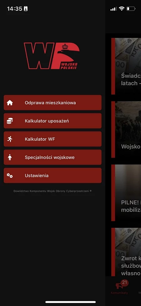 Menu aplikacji "Żołnierz RP"