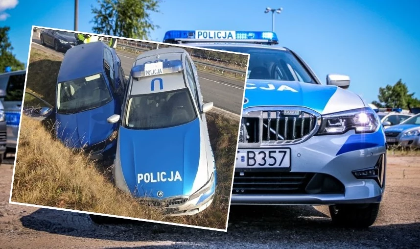 Policyjne BMW 320i wylądowało w rowie wraz z Fabią, którą ścigali funkcjonariusze