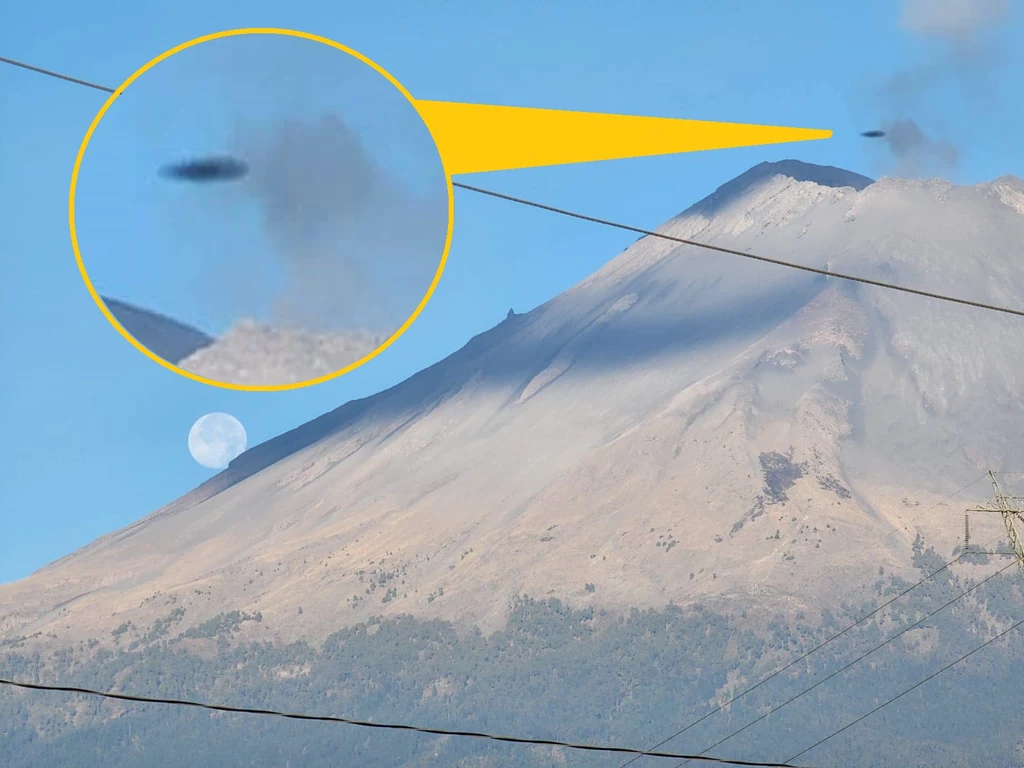 UFO na zdjęciu wykonanym 8 stycznia 2023 wydaje się unosić tuż nad kraterem wulkanu Popocatépetl