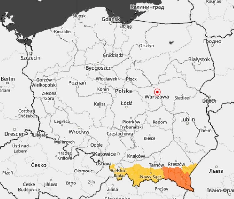 Ostrzeżenia przed intensywnymi opadami śniegu. Na ciemniejszym obszarze może przybyć między 20 a 30 cm pokrywy Ostrzeżenia przed intensywnymi opadami śniegu. Na ciemniejszym obszarze może przybyć między 20 a 30 cm pokrywy