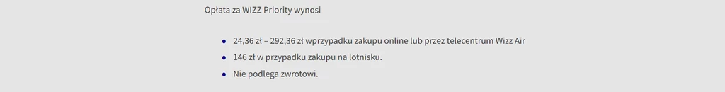 Cena usługi WIZZ Priority. Informacja na oficjalnej stronie lini lotniczych Wizzair