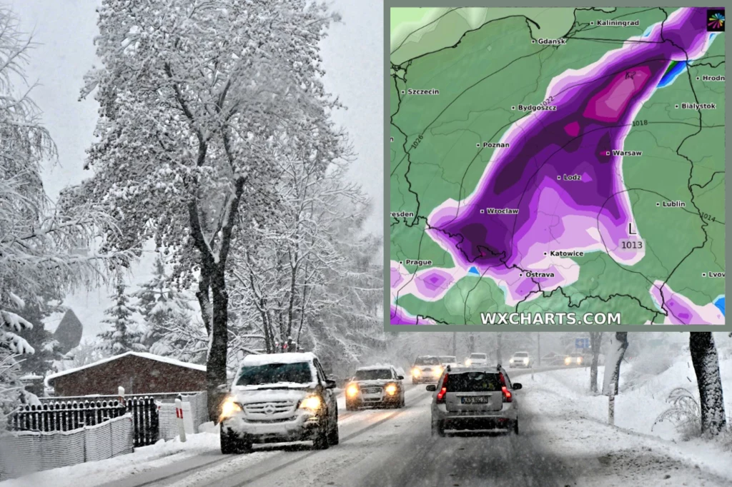 Warunki na drogach mogą być dramatyczne - w niektórych miejscach spadnie nawet 30 cm śniegu (źródło mapy: wxcharts.com)
