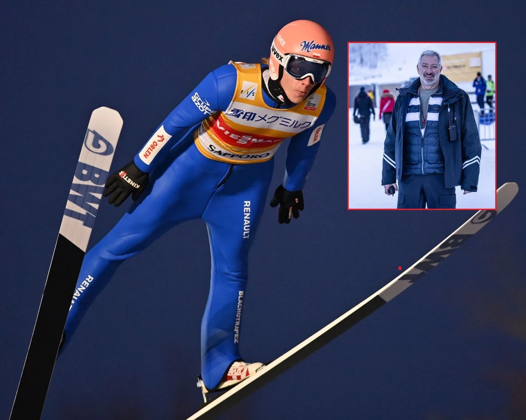 Dawid Kubacki w locie. W ramce Christian Kathol, kontroler sprzętu w FIS Dawid Kubacki w locie. W ramce Christian Kathol, kontroler sprzętu w FIS