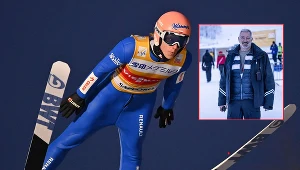 Dawid Kubacki w locie. W ramce Christian Kathol, kontroler sprzętu w FIS