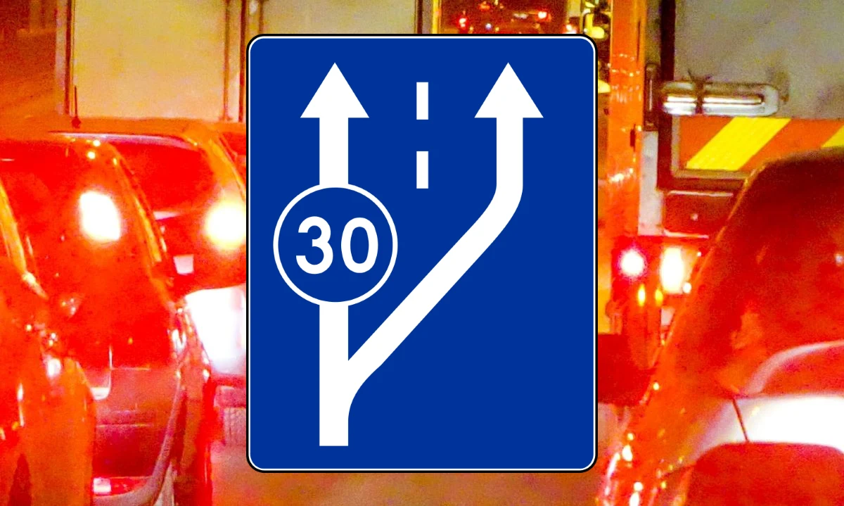 Znak D-13 informuje o podzieleniu pasów ruchu na 2 strefy.