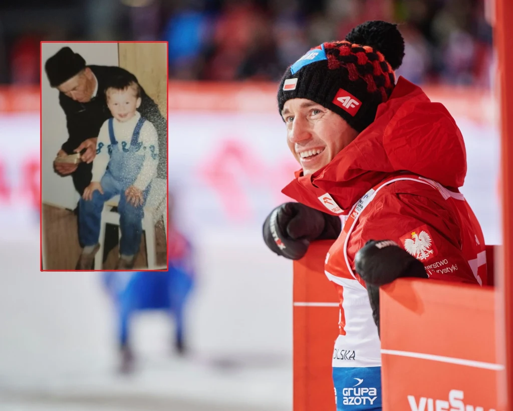 Kamil Stoch w Zakopanem w styczniu 2023 roku. W ramce Kamil Stoch z dziadkiem Franciszkiem Stochem w 1989 roku Kamil Stoch w Zakopanem w styczniu 2023 roku. W ramce Kamil Stoch z dziadkiem Franciszkiem Stochem w 1989 roku