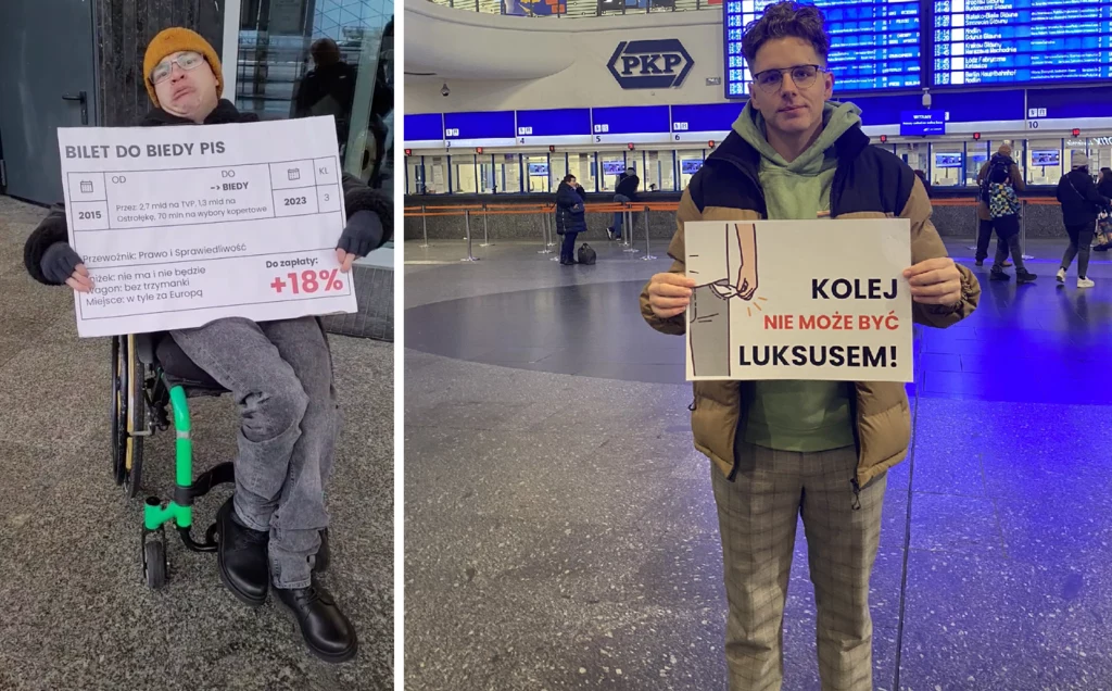 Działacze młodzieżówki Polski 2050 - Mateusz Majkut i Bartosz Marzec podczas happeningu na warszawskim Dworcu Centralnym Działacze młodzieżówki Polski 2050 - Mateusz Majkut i Bartosz Marzec podczas happeningu na warszawskim Dworcu Centralnym