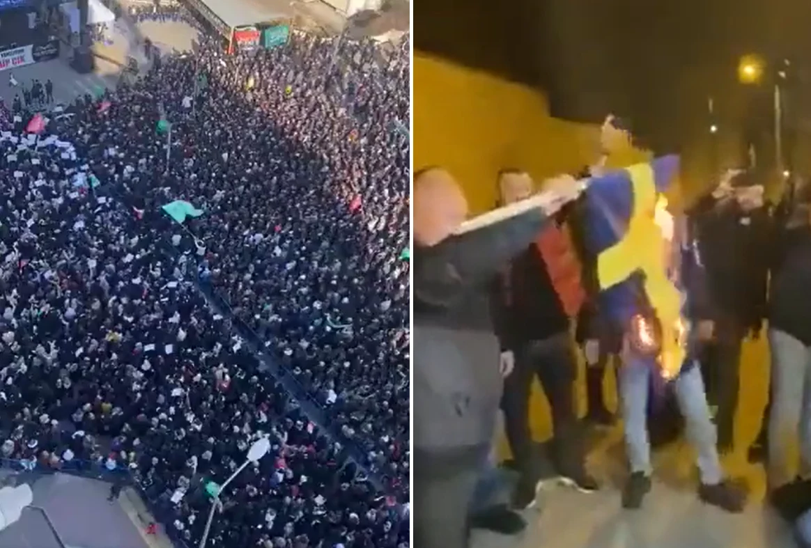 W mediach społecznościowych pojawiły się nagrania z masowych protestów w Turcji. W Stambule spalono flagę Szwecji W mediach społecznościowych pojawiły się nagrania z masowych protestów w Turcji. W Stambule spalono flagę Szwecji