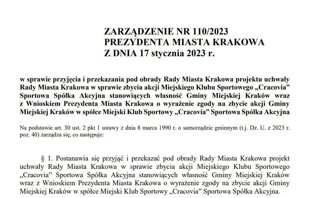Zarządzenie prezydenta Jacka Majchrowskiego o sprzedaży akcji 